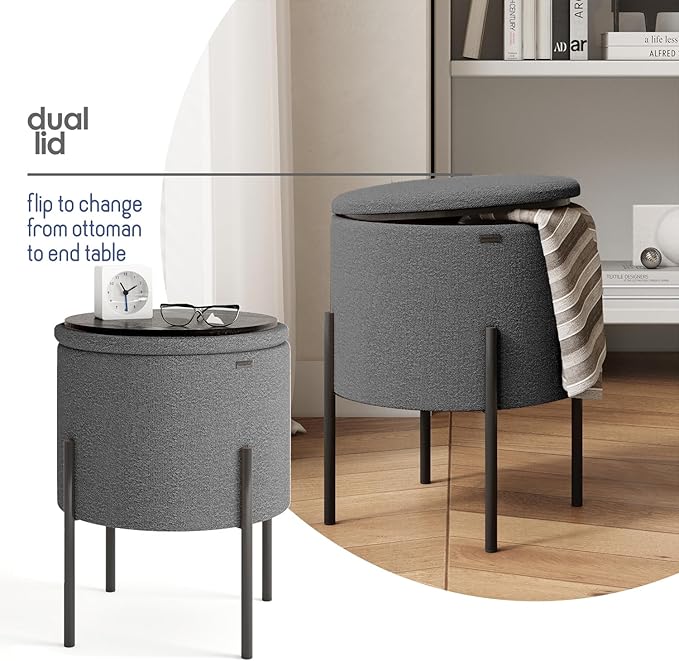 StorageBud Round Ottoman with Storage, Boucle Storage Ottoman, Foot Stool Ottoman, Makeup Vanity Stool, Small Ottoman Foot Rest, Modern Ottomans for Living Room and Bedroom, Grey
