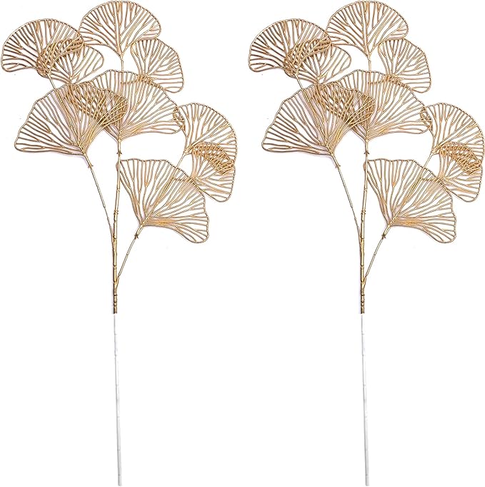 Artificial Golden Plants Fake Gold Ginkgo Leaves - Tall 27Inch 2 Pack, Faux Apricot Leaf Christmas Decor Plant Simulation Bushes for Indoor Outdoor Xmas Party Wedding Table Centerpiece DIY Decoration