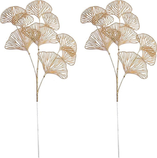 Artificial Golden Plants Fake Gold Ginkgo Leaves - Tall 27Inch 2 Pack, Faux Apricot Leaf Christmas Decor Plant Simulation Bushes for Indoor Outdoor Xmas Party Wedding Table Centerpiece DIY Decoration