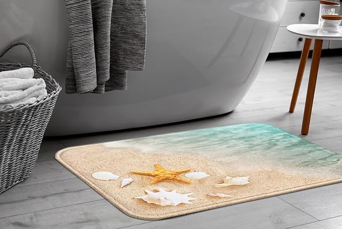 Britimes Bath Mat for Bathroom, Beach Starfish Sea Shell Washable Cover Floor Rug Carpets Floor Mat Bathroom Decorations 16x24 Inches for Kitchen Bedroom Indoor