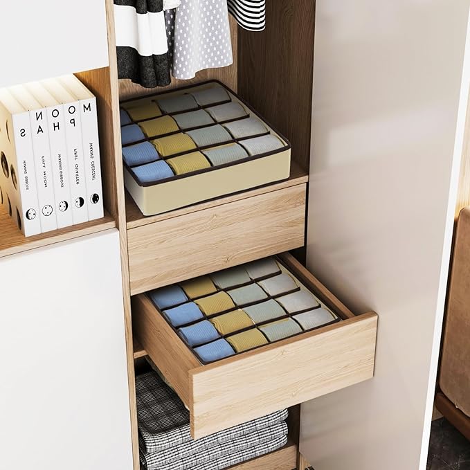 Joyoldelf Sock Drawer Organizer Divider Underwear Organizer 16-cell Fabric Dresser Drawer Organizers Storage Boxes for Socks Lingerie, Handkerchiefs, Ties (Beige)