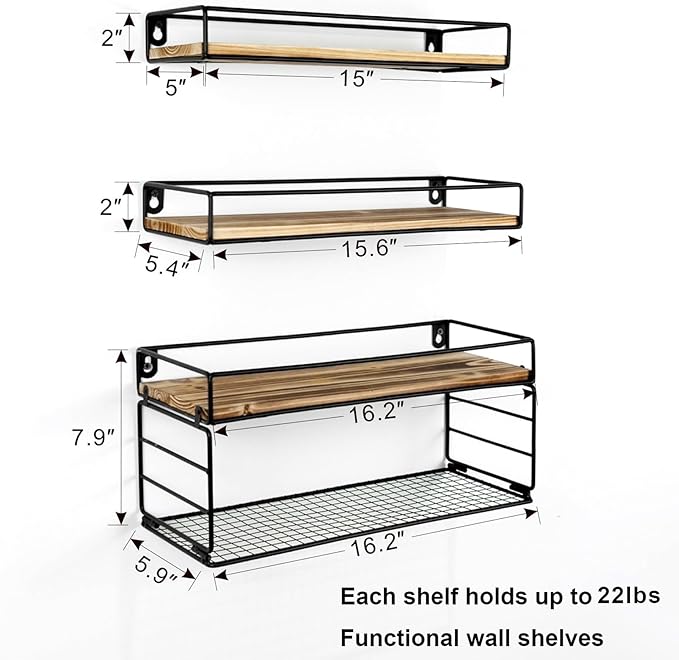 Wall Mounted Bathroom Shelves Over Toilet, Farmhouse Wall Floating Shelf with Guardrail, Bathroom Decor for Bedroom Living Room Kitchen, Rustic Brown (16.2 Inch Set of 3)