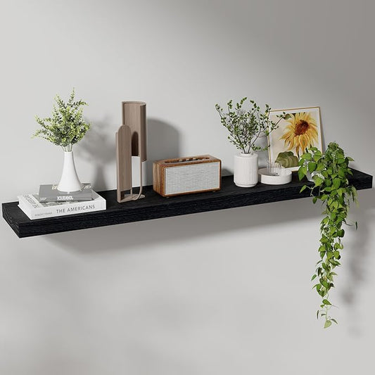 Axeman Floating Shelves, 8 Inch Deep Modern Solid Wood Wall Shelves for Storage, Wall Mounted Display Shelving with Invisible Heavy-Duty Metal Bracket, 48" W x 8" D x 1.6" H, Distressed Black