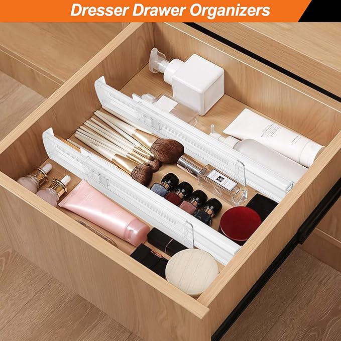 4 Pack Drawer Dividers for Clothes, 2.3" High 13"-21" Adjustable Drawer Dividers Expandable Dresser Drawer Organizer, Clear Drawer Separators for Clothes, Underwear, Cosmetic, Kitchen Utensils Storage