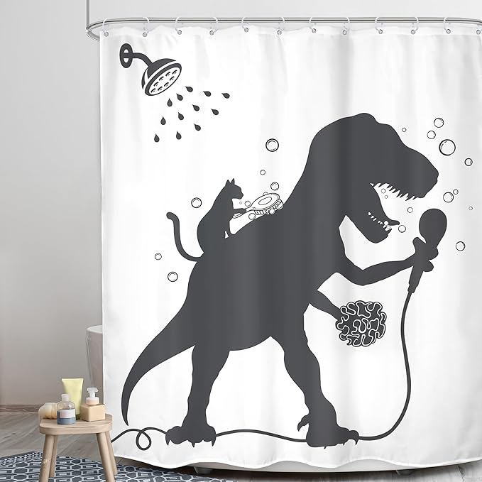 LGhtyro Kids Funny Dinosaur Shower Curtain Bathroom Set 60Wx71H Inches Boys Dino Cat Trex Raptor Animal Shadow Silhouette Bath Cartoon Bath Accessories Black White Art Home Decor Fabric 12 Pack Hooks