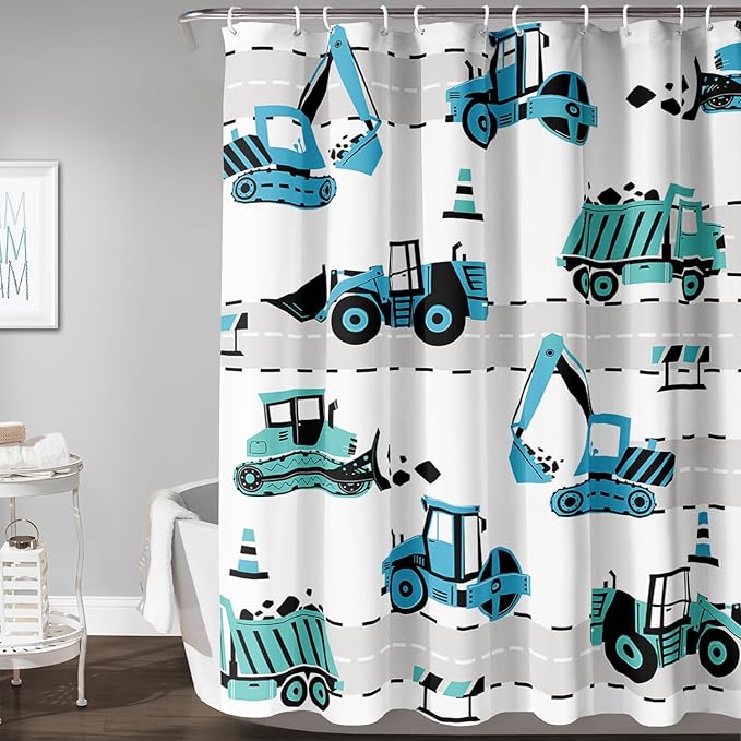 AILONEN Cartoon Kids Truck Shower Curtain,Waterproof Durable,Blue Forklift Truck Excavator Bath Curtain for Boys Girls,Construction Themed Bathroom Decor with 12 Plastic Hooks, 72" W x 72" H