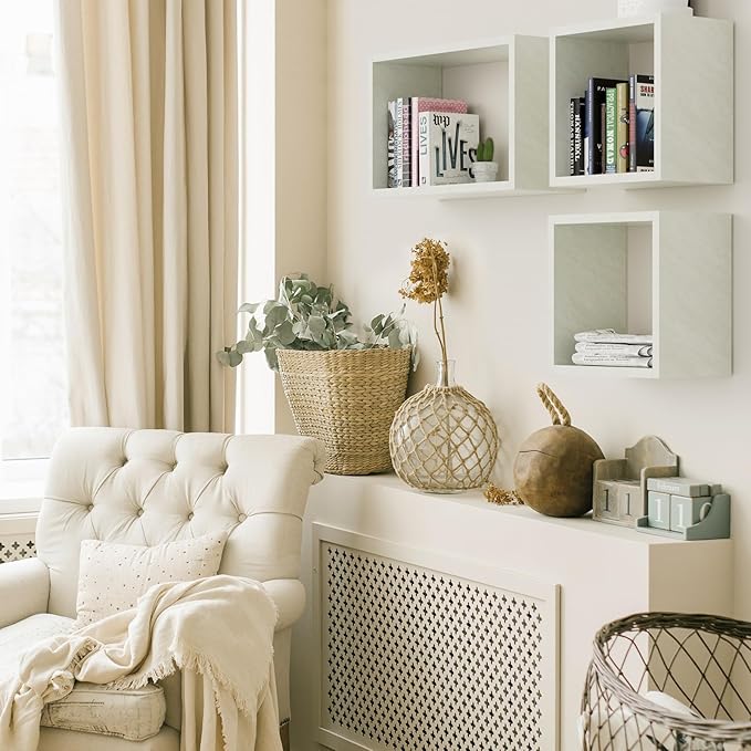 Kaboon Cube Floating Shelves Set2, Display Shelves Wall Mount 7.75" D x 12.5" W x 12.5" H, (Sea Salt, Square 2 Cubes)
