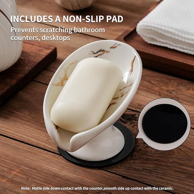 Soap Dish, Soap Holder Self Draining Leaf Shape Soap Dishes，White and Gold Marble Pattern Ceramic Draining Soap Tray for Shower, Bathroom Sink, Kitchen (Small Size-Marble White, 1)