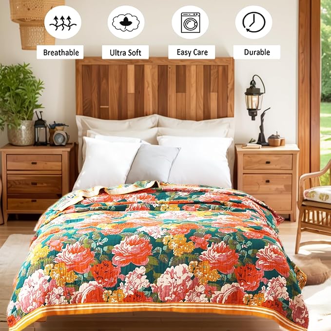 Boho Throw Blanket, 100% Organic Cotton Breathable Ultra Soft Bed Quilt Throw - All Season Floral Bird Butterfly Farmhouse Decor Blanket for Sofa Couch Chair and Gift. 80" x 90"