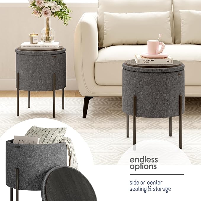 StorageBud Round Ottoman with Storage, Boucle Storage Ottoman, Foot Stool Ottoman, Makeup Vanity Stool, Small Ottoman Foot Rest, Modern Ottomans for Living Room and Bedroom, Grey