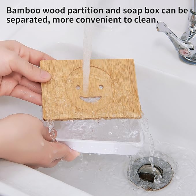 Bamboo Soap Dishes for Shower Wooden Soap Bar Holder for Bathroom Soap Tray Easy to Clean, Durable and with Non-Slip Pads(Single White Smiley face)