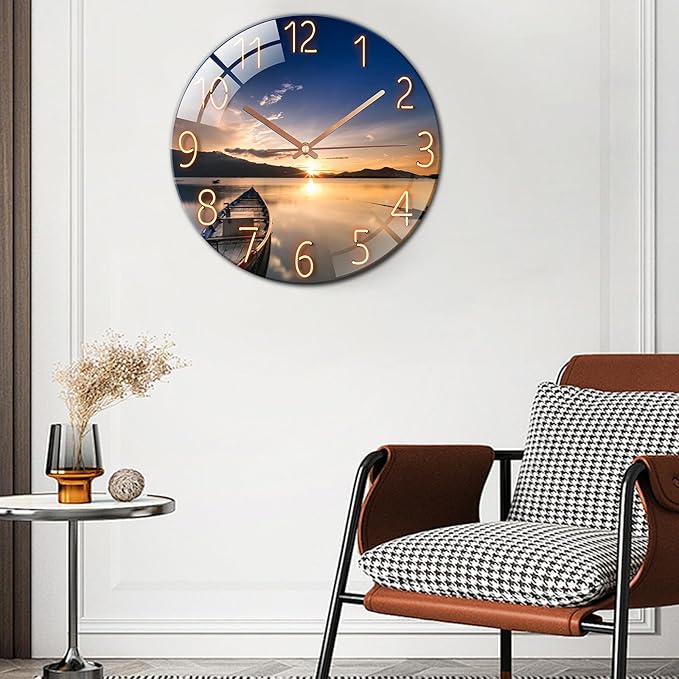 Ergocar Glass Wall Clock Silent Scanning Mechanical Round Glass Wall Clock, Suitable for Living Room, Kitchen, Office.