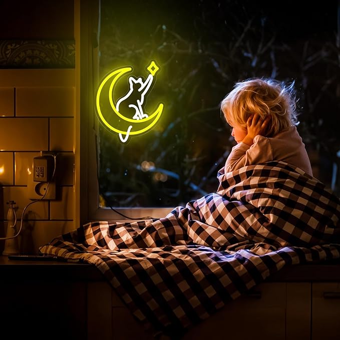 Moon Cat Neon Sign for Wall Decor,Dimmable Cute Cat with Star Neon Light,Yellow White Animal Light Up Signs for Bedroom Party Bar Background Decoration