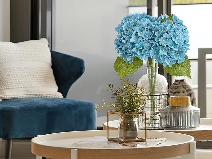 4 Pcs 20'' Turquoise Blue Hydrangea Artificial Flowers Lifelike Real Touch Latex Hydrangeas Faux Flower for Indoor Outdoor Xmas Home Decor Kitchen Table Centerpiece Wedding Flower Arrangement