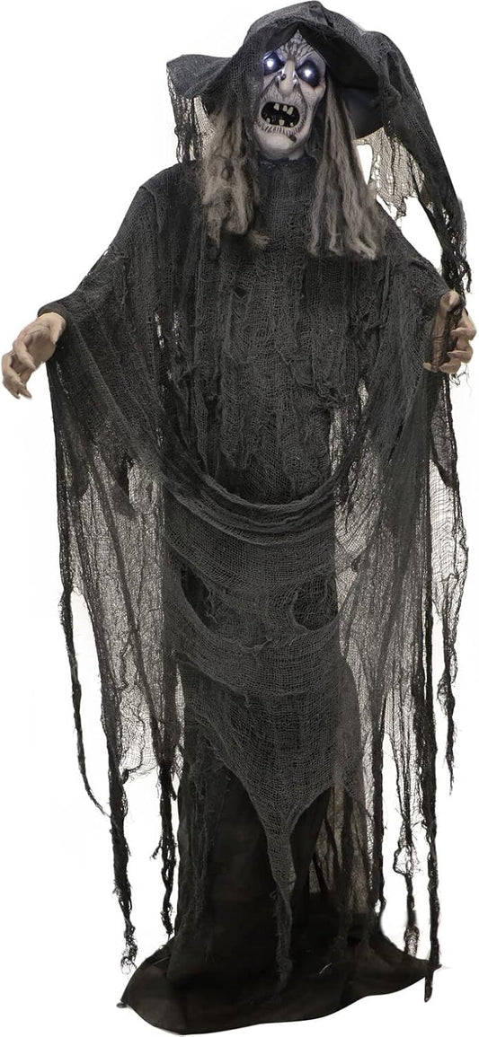 Haunted Hill Farm Life-Size Animatronic Scary Talking Witch with Touch Activated Lights and Sound, Indoor or Covered Outdoor Creepy Halloween Decorations for Home or Haunted House, Battery Operated