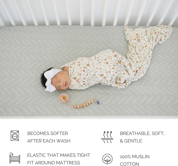 Desert Sage Muslin Crib Sheet by Mebie Baby, Soft and Breathable Bed Sheets for Babies, Modern Neutral Bedding for Cribs, Standard Crib Mattress Fitted Sheet, Great for Boy or Girl Room or Nursery