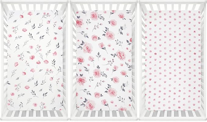 david's kids 3 Pack Fitted Crib Sheets, Ultra Soft Breathable Comfortable Baby Sheet Set for Boys Girls Neutral, 28x52 Inch Fits Standard Crib and Toddler Mattresses, Floral Flowers
