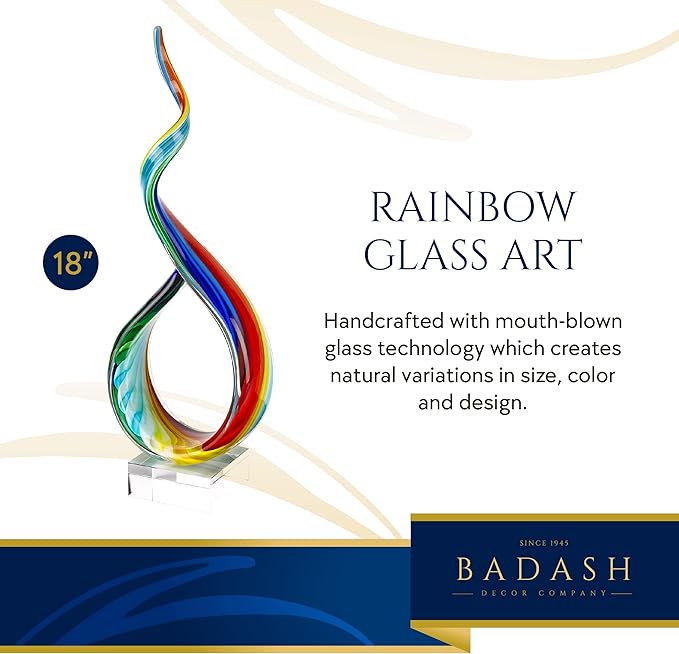 Badash Rainbow Murano-Style Sculpture - Home Decor Statue Glass Art - 18" Tall Mouth-Blown on Crystal Base