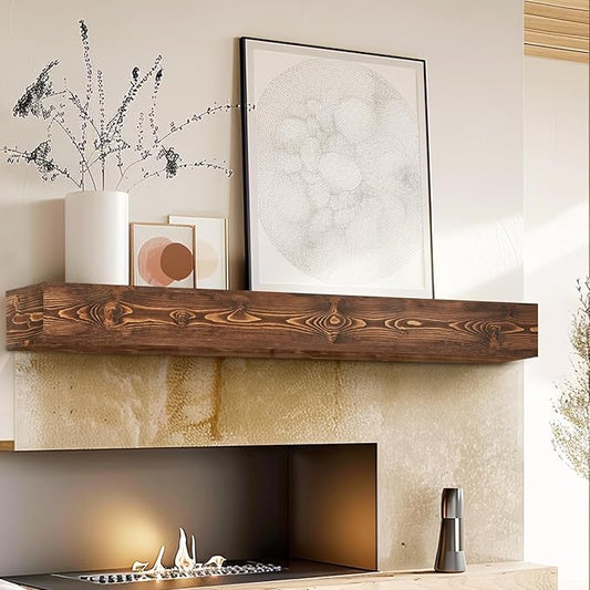 48" Fireplace Mantel, 5'' Thick Handmade Hollow Solid Wood Wall Long Floating Shelf with Invisible Wood Brackets, Brown