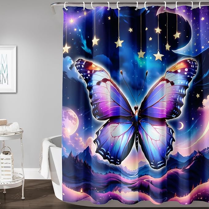 AILONEN Butterfly Shower Curtain for Girls, Fairy Purple Clouds Print Starry Butterfly Bath Curtain,Fantasy Moon Butterfly Decoration Bathroom Waterproof Curtain with 12 Plastic Hooks, 72" W*96" H