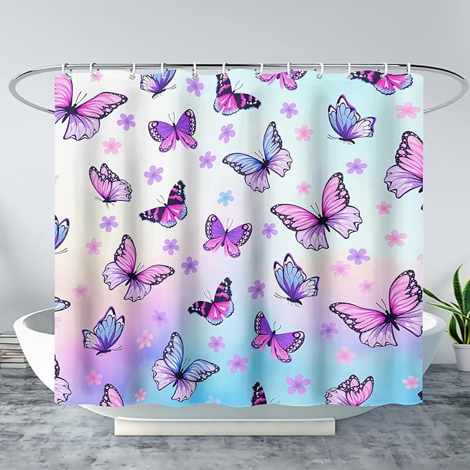 AILONEN Pink Butterfly Girls Shower Curtain for Bathroom Decor,Beautiful Floral Butterfly Women Butterfly Bath Curtain 60" W*72" H Polyester Waterproof Bathroom Curtain with 12 Hooks
