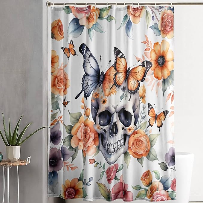 AILONEN 3D Sugar Skull Shower Curtain,Sunflower with Skeleton Design Shower Curtain Set with Hooks for Boys Girls,Butterfly Gothic Skull Waterproof Fabric Shower Curtain for Bathroom,72" W*78" H