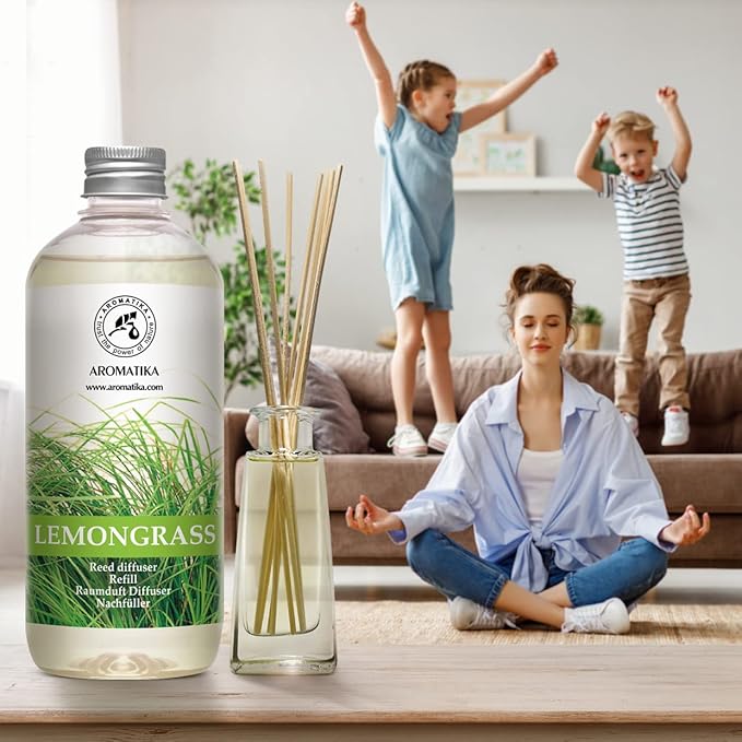 Lemongrass Diffuser Refill 34 Fl Oz (2x17 Fl Oz) - Fresh & Long Lasting Fragrance - Refill with Natural Essential Lemongrass Oil - for Aromatherapy - Spa - Home - Reed Diffuser Oil Refill Lemongrass