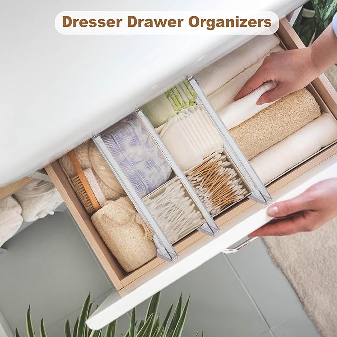 4 Pack Drawer Dividers for Clothes, 4" High 10"-17" Adjustable Drawer Dividers Expandable Dresser Drawer Organizers, Clear Drawer Separators for Clothes, Underwear, Cosmetic, Kitchen Utensils Storage