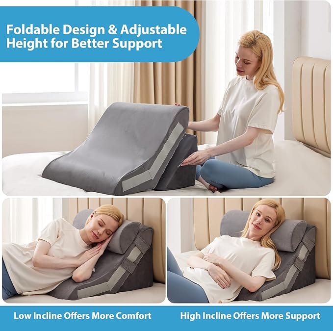 3PCS Bed Wedge Pillow for Sleeping, Adjustable Memory Foam Wedge Pillow for Back Leg Pain Relief, 23” Wide Triangle Pillow Wedge for Post Surgery, Acid Reflux, GERD & Snoring, Grey