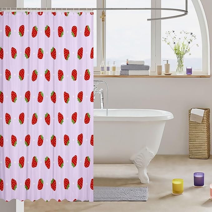 Feelyou Strawberry Fabric Shower Curtain Kawaii Fruit Shower Curtain for Kids Boys Girls Cute Bathroom Waterproof Accessories with 12 Hooks Kawaii Lovely Curtains,72x78 Inches