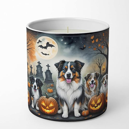 Caroline's Treasures DAC2009CDL Australian Shepherd Spooky Halloween Decorative Soy Candle Nature Soy Wax Essential Oil Home Decor Ideal for Bedroom Kitchen Bath Office Gift, 10 oz