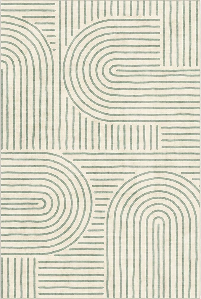Washable 4x6 Area Rug - Boho Living Room Rug Stain Resistant Soft Modern Rugs for Bedroom Ultra-Thin Sage Green Abstract Rainbow Dining Room Rugs Indoor Carpet for Living Room Nursery Room