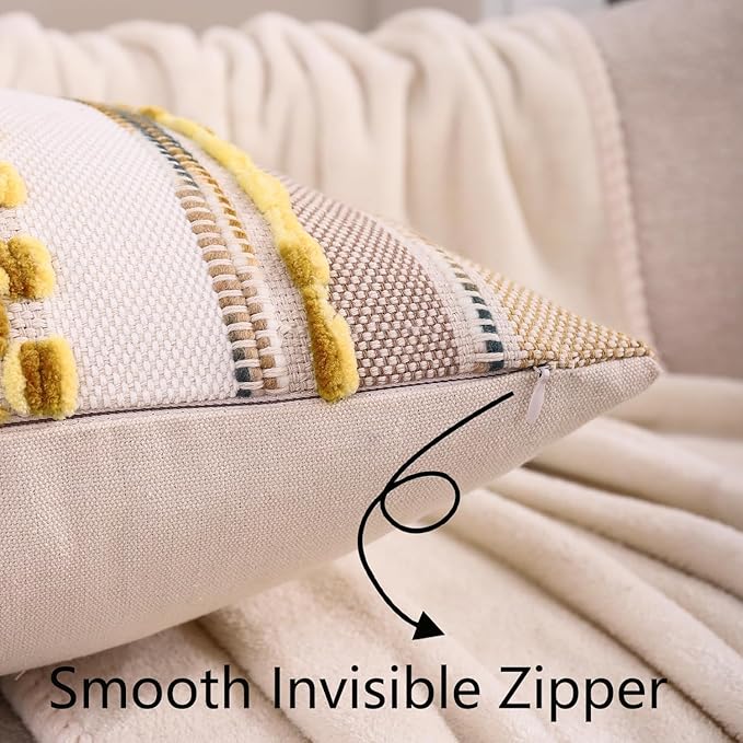 Tosleo Decorative Throw Pillow Covers 18x18 Set of 2 Boho Chenille Tufted Pillow Cover Textured Pillow Covers Striped Pillowcases Accent Pillow Cases Farmhouse Cushion Case for Sofa Couch,Yellow