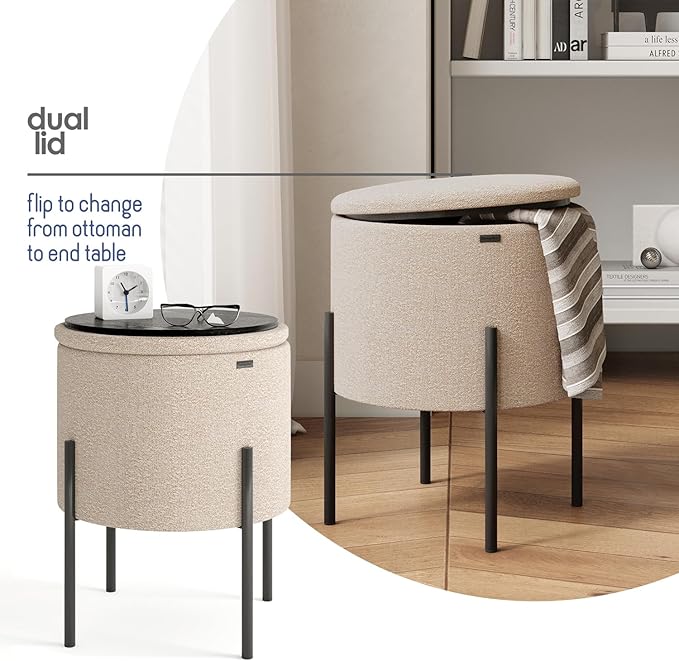 STORAGEBUD Round Ottoman with Storage, Boucle Storage Ottoman, Foot Stool Ottoman, Makeup Vanity Stool, Small Ottoman Foot Rest, Modern Ottomans for Living Room and Bedroom, Beige