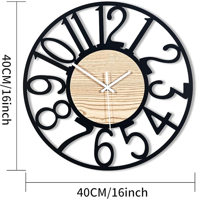 16inch/40cm Wall Clock for Living Room Vintage Silent Classroom Battery Clocks for Bathroom Bedroom Office Cafe Decoration (Wooden Arabic Numerals, 16 inches)