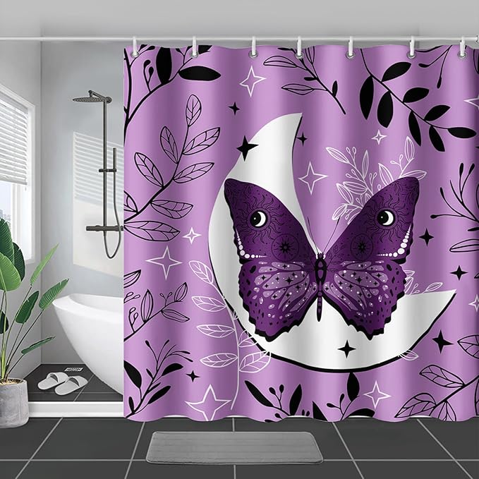 AILONEN Butterfly Shower Curtain for Bathroom Sun and Moon Purple Boho Bath Curtain 60" W*72" H Polyester Fabric Waterproof Bathroom Curtain with 12 Hooks