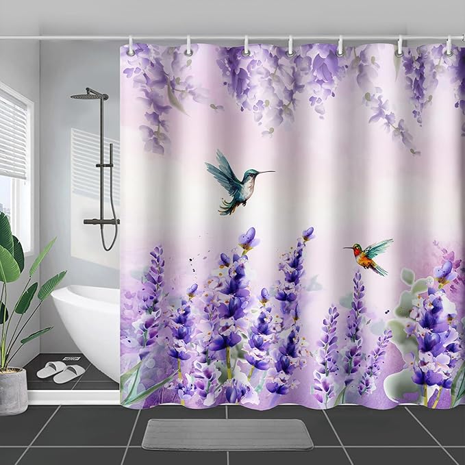 AILONEN Waterproof Floral Shower Curtain for Bathroom,Purple Wisteria Lavender Flowers Shower Curtain,Botanical Floral Decor Bathroom Polyester with Grommets and Hooks 72" W*72" H