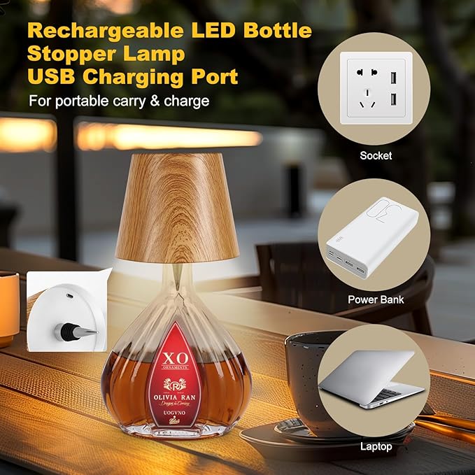 Wireless Bottle Lamp,2025 New 3 Color Rechargeable Wine Bottle Lights for Bars Restaurants (Original Wood Color)