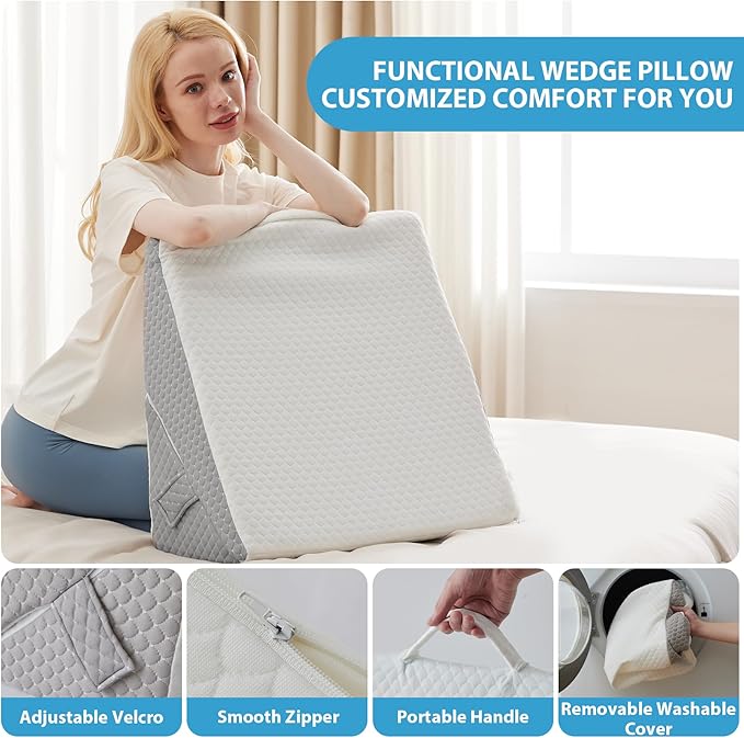 Bed Wedge Pillow for Sleeping, 9 & 12 Inch Adjustable Wedge Pillow for Back Pain Relief, 7-in-1 Memory Foam Triangle Pillow Wedge for Post Surgery, Acid Reflux, GERD, Snoring, White/Grey