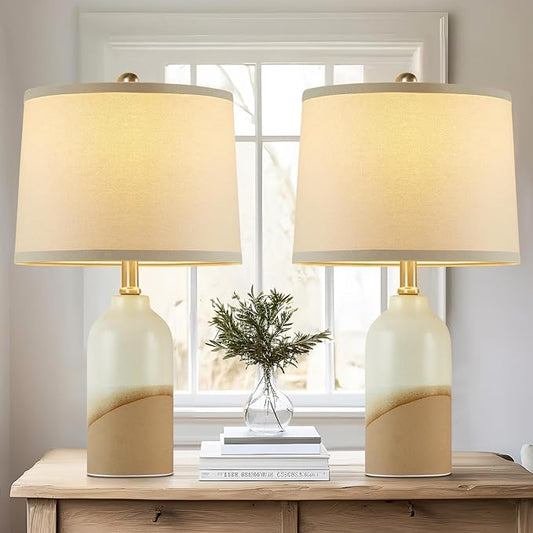 Luvkczc Ceramic Table Lamps Set of 2, 3-Color Temperature Adjustable Bedside Lamps with Line Lampshade, Nightstand Lamps for Bedroom, Living Room, Entryway Home Decor, Modern Table Lamps