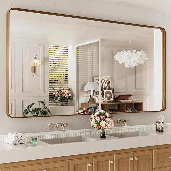 LOAAO 72X36 Inch Bathroom Mirror with Wood Grain Colored Metal Frame, Rounded Rectangle Metal Framed Bathroom Mirror, Anti-Rust, Hangs Horizontally or Vertically, Tempered Glass