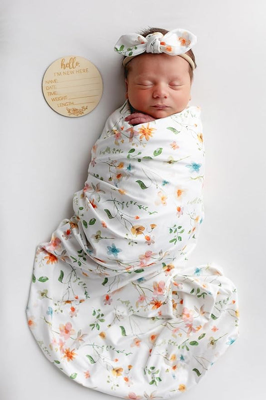 Baby Receiving Blanket Swaddle Blanket Infant Wrap with Matching Headband Beanie and Name Card (Green Leaf Flower)