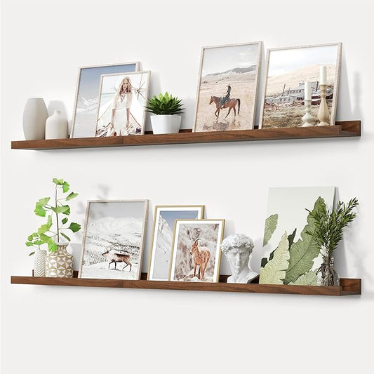 Oak Picture Ledge Shelf,Floating Wall Mounted Shelves, Black Shelves for Wall Decor, Modern Picture Ledge Shelf with Lip for Storage, Bedroom, Living Room, Bathroom,Nursery Display