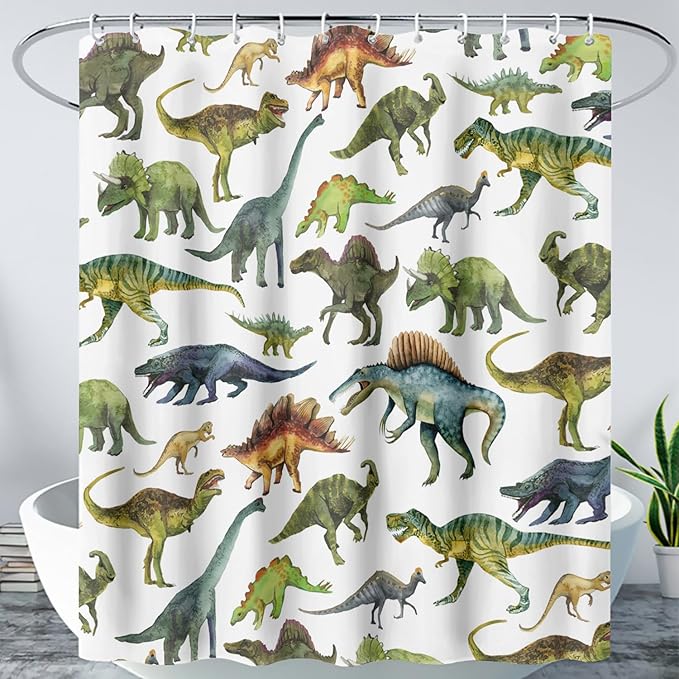 AILONEN Dinosaur Shower Curtain 72" W*84" H for Bathroom,Cartoon Dinosaur Bathroom Shower,Tropical Jungle Dinosaur Kids Boys Bath Curtain Polyester Waterproof Bathroom Curtain with 12 Hooks