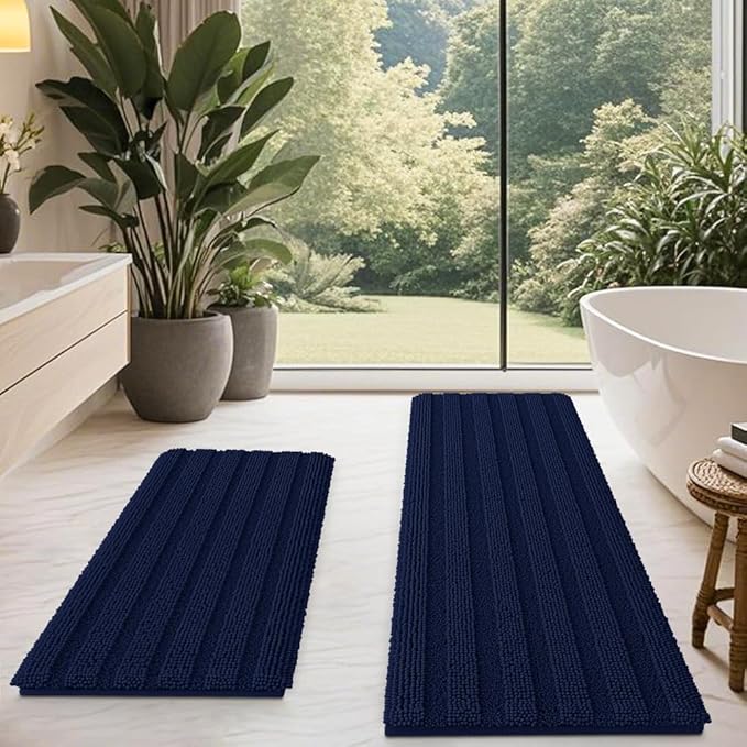 ACCUMTEK Striped Navy Blue Bathroom Rug Mat Set 2 Piece 32"x20"+60"x20" Ultra Soft, Non Slip Chenille Bath Rugs, Absorbent Plush Shaggy Bath Mats for Bathroom, Bedroom, Kitchen, Shower, Tub