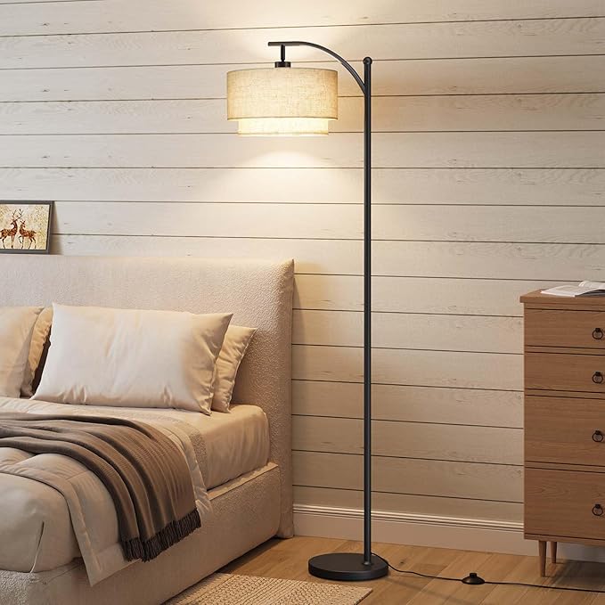 SUNMORY Floor Lamps for Living Room with 12W LED Bulb, Arc Floor Lamp with 3 Color Temperatures, Modern Floor Lamps with Adjustable Double Fabric Shades, Tall Standing Lamp for Bedroom, Corner