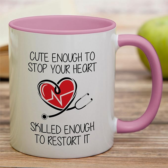 Retreez Funny Mug - Cute Enough To Stop Your Heart Skilled to Restart It Doctor 11 Oz Ceramic Coffee Mugs - Sarcasm, Motivational, Inspirational birthday gifts - White Mug with Pink Handle and Inner