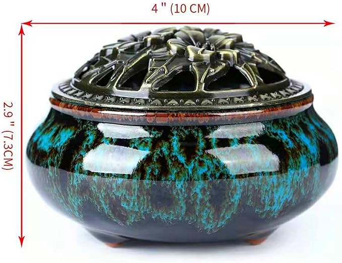 Ceramic Incense Burner with Incense Stick Holder + Insulation use for Stick or Coil Incense, Sage Cones and Frankincense (Fambe Blue)