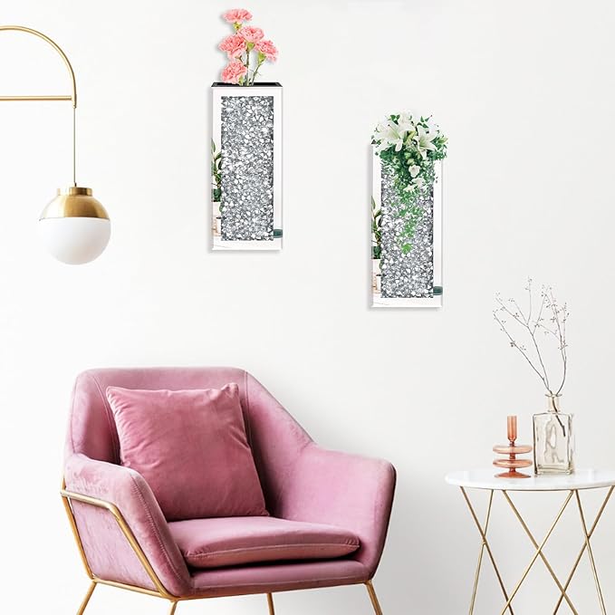 Crushed Diamond Mirrored Wall Vase Crystal Silver Mirror Flower Vase Stunning Decorative Glass Hanging Planter for Home Decor Living Room Dining Room Bedroom.Can't Hold Water(Set of 2)