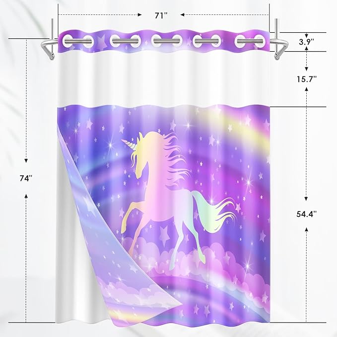 Rainbow Purple Unicorn No Hook Shower Curtain with Snap in Liner, Princess Horse Cute Bath Curtain with Double Layers Waterproof Fabric and Mesh Top Window 71x74 Inch